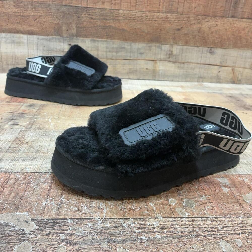 UGG Sandals Womens Size 8 Black Fuzzy Slingback Platform Wedge Comfort Shoes